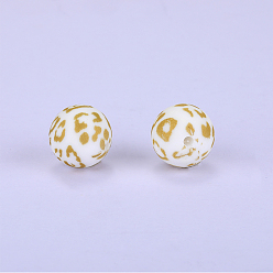 Light Yellow Printed Round with Leopard Print Pattern Silicone Focal Beads, Light Yellow, 15x15mm, Hole: 2mm