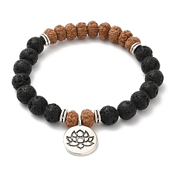 Lava Rock Yoga Theme Lava Rock Bodhi Wood Beads Stretch Charm Bracelets, with Tibetan Style Alloy Findings, Lotus, 50mm, about 22pcs/strand