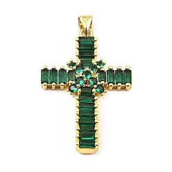 Green Rack Plating Real 18K Gold Plated Brass Pendants, with Cubic Zirconia, Long-Lasting Plated, Lead Free & Cadmium Free, Cross, Green, 35x23.5x5mm, Hole: 5X3.5mm