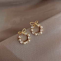 Ring Boucles d'oreilles en alliage de strass pour femmes, avec perles d'imitation et épingle en argent sterling, anneau, 925mm
