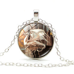 PeachPuff Dragon Theme Glass Round Pendant Necklace with Alloy Chains, PeachPuff, 20.47 inch(52cm)