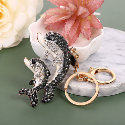 Jet KC Gold Tone Plated Alloy Keychains, with Rhinestone and Enamel, Dolphin, Jet, 12cm