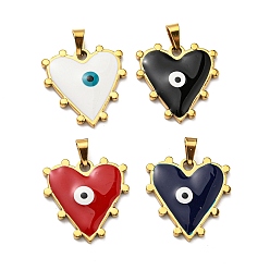 Mixed Color Ion Plating(IP) 304 Stainless Steel Pendants, with Enamel, Heart with Evil Eye Charm, Golden, Mixed Color, 21x21x3mm, Hole: 5x3.5mm