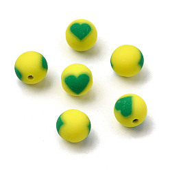 Желтый Бусины из полимерной глины , круглые с сердца шаблона, желтые, 10 мм, отверстие : 1.5 мм