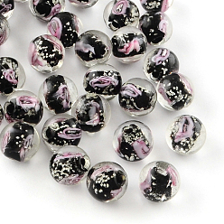 Black Handmade Luminous Inner Flower Lampwork Beads, Round, Black, 12mm, Hole: 2mm