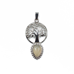 Grey Agate Natural Grey Agate Teardrop Pendants, Tree of Life Charms with Platinum Plated Metal Findings, 49x26mm