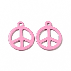 Pearl Pink Spray Painted 201 Stainless Steel Pendants, Flat Round with Peace Sign Charm, Pearl Pink, 15x12.5x1mm, Hole: 1.4mm