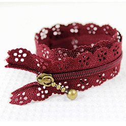 Dark Red Nylon Zipper, with Antique Bronze Iron Findings, Hollow Flower Pattern, Garment Accessories, Dark Red, 20cm