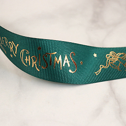 Teal 25 Yards Flat Christmas Bell Printed Polyester Grosgrain Ribbons, Hot Stamping Ribbons, Teal, 1 inch(25mm), about 25.00 Yards(22.86m)/Roll