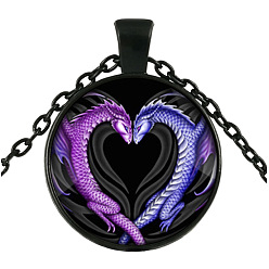 Electrophoresis Black Purple Dragon Theme Glass Flat Round Pendant Necklace with Alloy Chains, Electrophoresis Black, 27.56 inch(70cm)