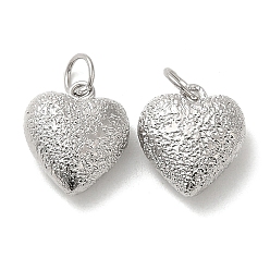 Platinum Rack Plating Brass Charms, with Jump Ring, Cadmium Free & Lead Free, Long-Lasting Plated, Puffed Heart Charm, Textured, Platinum, 13x11x5.5mm, Hole: 3.8mm