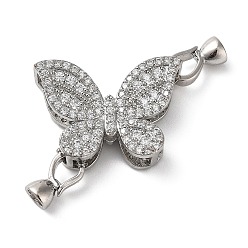 Platinum Brass Flod Over Clasps, with Clear Cubic Zirconia, Butterfly, Platinum, 20x28x8.5mm