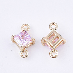Pearl Pink Transparent Glass Links connectors, with Brass Findings, Faceted, Rhombus, Light Gold, Pearl Pink, 11x7x4mm, Hole: 1mm, Side Length: 5mm