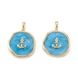 Real 18K Gold Plated Brass Enamel Pendants, with Jump Rings, Long-Lasting Plated, Flat Round with Anchor, Deep Sky Blue, Real 18K Gold Plated, 18x14x2mm, Hole: 4x2.5mm
