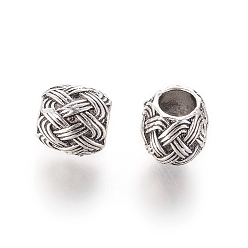 Antique Silver Alloy European Beads, Large Hole Beads, Imitation Woven Rattan Pattern, Drum, Antique Silver, 9~9.5x9.5mm, Hole: 5mm
