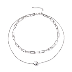 Stainless Steel Color Non-Tarnish 304 Stainless Steel Double Chains Multi Layered Necklace with Flat Round Beaded for Women, Stainless Steel Color, 16.34 inch(41.5cm)