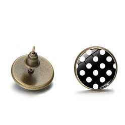 Black Alloy Stud Earrings with Ear Nuts, Glass Flat Round Polka Dot Ear Studs for Women, Black, 12mm