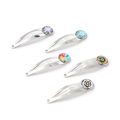 Mixed Color Iron Snap Hair Clips, with Mosaic Printed Glass Half Round/Dome Cabochons for Woman Girls, Platinum, Mixed Color, 53x13.5x5mm
