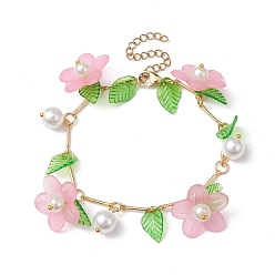Pink Acrylic Flower & Glass Pearl Charm Bracelets, with Brass Chains, Pink, 6-7/8~7-1/8 inch(17.5~18cm)
