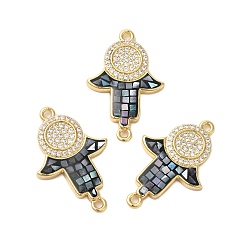 Черный Покрытие стойки латунь микро-паве прозрачный кубический цирконий Хамса звенья для рук подвески-соединители, с эмалью и ракушкой, реальный 18 k позолоченный, долговечный, без свинца и без кадмия, чёрные, 27x18x2 мм, отверстие : 1.5 мм