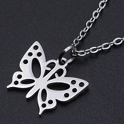 Stainless Steel Color 201 Stainless Steel Pendants Necklaces, with Cable Chains and Lobster Claw Clasps, Butterfly, Stainless Steel Color, 15-3/4 inch(40cm), 1.5mm