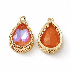 Tangerine K9 Glass Pendants, Teardrop Charms, Faceted, with Light Gold Tone Brass Edge, Tangerine, 19.5x12.5x5.5mm, Hole: 1.8mm
