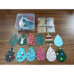 Mixed Color SUPERFINDINGS DIY 12Pairs Christmas Themed PU Leather Earring Making Kits, Including 24Pcs Teardrop Big Pendants, Brass Earring Hooks & Jump Rings, Mixed Color, 56x37x1.5mm, Hole: 1.5mm