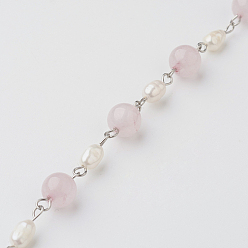 Rose Quartz Handmade Chains for Necklaces Bracelets Making, with Rose Quartz, Grade A Natural Freshwater Pearl and 304 Stainless Steel Eye Pin, Unwelded, 39.37 inch(1m)