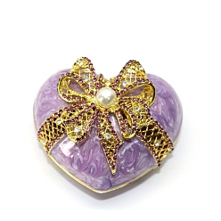 Plum Heart Alloy Enamel Box, with Rhinestone and Magnetic Clasps, for Ring, Neckalces, Pendant, Home Decoration, Plum, 6.6x7.6x5.1cm