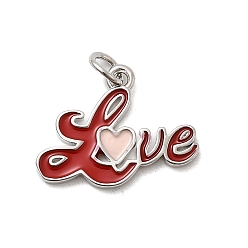 Красный Латунь эмаль подвески, со словом любовь, стойки покрытие, долговечный, без кадмия и без свинца, платина, с целью перехода в кольце, красные, 15x19.5x1.5 мм, отверстие : 3.2 мм