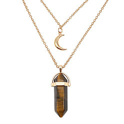 Tiger Eye Natural Tiger Eye Cone Pendant Double Layer Necklace, with Moon Charms, 19.69 inch(50cm)