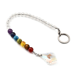 Colorful Chakra Leaf Crystal Suncatcher Dowsing Pendulum Pendants, with 304 Stainless Steel Split Key Rings, Glass and Gemstone Beads, Velvet Bag, Stainless Steel Color, Colorful, 24.5cm