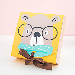 Bear Square Paper Candy Boxes, Gift Wrapping Boxes, for Jewelry Candy Wedding Party Favors, with Ribbon, Bear Pattern, 11.5x11.5x5cm