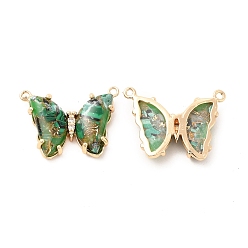 Fern Green Brass with K9 Glass Pendants, Imitation Gemstone, Golden Butterfly Charms, Fern Green, 17x22.5x3mm, Hole: 1.3mm