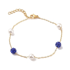 Blue 6mm Round Polymer Clay Rhinestone & Imitation Pearl Link Bracelets, 304 Stainless Steel Cable Chain Bracelets for Women, Real 24K Gold Plated, Blue, 7-1/8 inch(18cm), Bead: 6mm