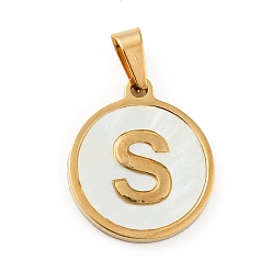 Letter S Vacuum Plating 304 Stainless Steel with White Shell Pendants, Golden, Flat Round with Letter Charm, Letter.S, 18x16x1.5mm, Hole: 3x6mm
