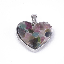 Tourmaline Natural Tourmaline Pendants, with Glass and 304 Stainless Steel Findings, Heart, Stainless Steel Color, 19x21x6mm, Hole: 3x5.5mm