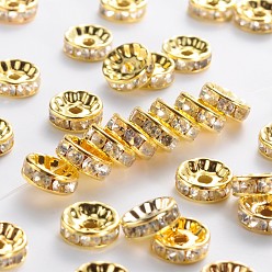 Golden Brass Rhinestone Spacer Beads, Grade B, Clear, Golden Metal Color, Size: about 6mm in diameter, 3mm thick, hole: 1mm