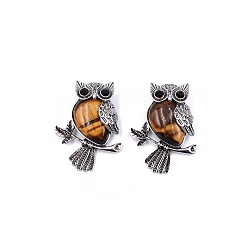 Tiger Eye Natural Tiger Eye Pendants, Antique Silver Plated Metal Owl Charms, 35~45mm