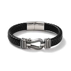 Antique Silver Men's Braided Black PU Leather Cord Bracelets, Horseshoe 304 Stainless Steel Link Bracelets with Magnetic Clasps, Antique Silver, 8-5/8 inch(21.8cm)