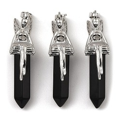 Obsidian Natural Obsidian Pointed Pendants, Faceted Bullet Charms, with Rack Plating Platinum Plated Brass Fairy, 24x13mm, Hole: 5x8mm