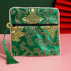 Green Floral Print Polyester Jewelry Storage Zipper Pouches, with Tassels, Square, Green, 12x12cm
