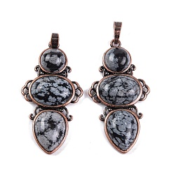 Снежный Обсидиан Естественно снежинка обсидиана подвески, покрытие стойки латунные подвески в виде цветов, без кадмия и без свинца, Красная медь, 47x24x6.5 мм, отверстие : 7.5x5 мм