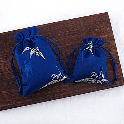 Blue Silk Embroidery Leaf Storage Bags, Drawstring Pouches Packaging Bag, Rectangle, Blue, 14x10cm