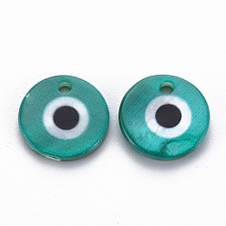 Темный Голубой Шармы с пресноводными ракушками и принтом, плоские круглые с сглаза, темные голубые, 12~13x1.5~3 мм, отверстие : 1.5~1.8 мм