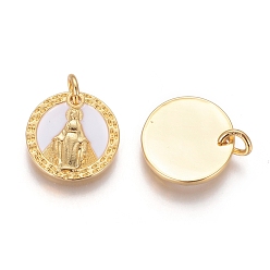 Golden Brass Pendants, with Shell and Jump Rings, Flat Round with Virgin Mary, Golden, 14x2mm, Hole: 3mm
