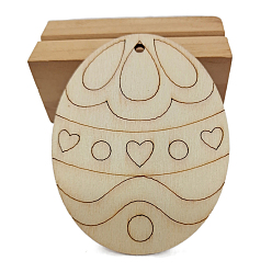 Heart Unfinished Wooden Easter Egg Cutout Pendant Ornaments, with Hemp Rope, for DIY Painting Ornament Easter Home Decoration, Navajo White, Heart Pattern, 7cm, 10pcs/bag