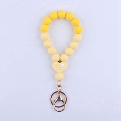 Lemon Chiffon Heart Word I Love Mom Silicone Beaded Wristlet Keychain, with Iron Findings, for Women Car Key or Bag Decoration, Lemon Chiffon, 18cm