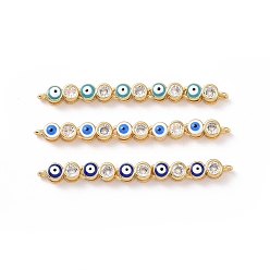 Mixed Color Flat Round with Evil Eye Pattern Brass Micro Pave Clear Cubic Zirconia Enamel Connector Charms, Real 18K Gold Plated, Cadmium Free & Nickel Free & Lead Free, Mixed Color, 45.5x4x4mm, Hole: 1.2mm
