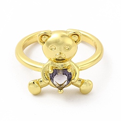 Lilac Glass Bear with Heart Open Cuff Ring, Golden Brass Jewelry for Women, Lilac, Inner Diameter: 17mm